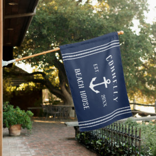 Navy   Rustic Anchor Personalized Beach House House Flag