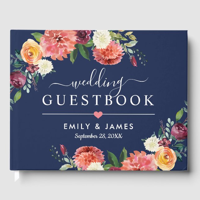 Navy Rustic Blush Burgundy Fall Floral Wedding Guest Book (Front)