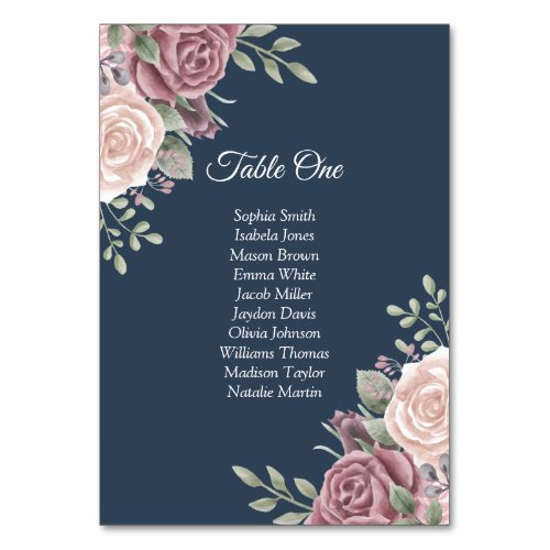 Navy Rustic Boho Dusty Rose Floral Table Number