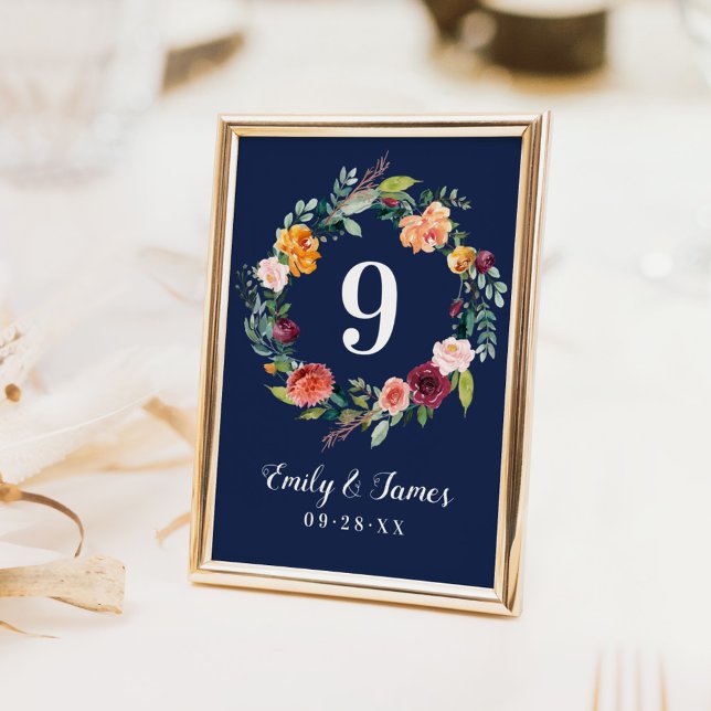 Navy Rustic Burgundy Fall Floral Wedding Monogram Table Number (Creator Uploaded)