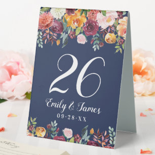 Navy Rustic Burgundy Fall Floral Wedding Monogram Table Tent