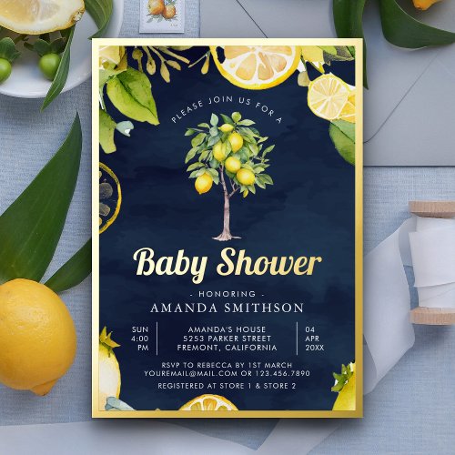 Navy Rustic Citrus Lemon Tree Baby Shower Gold Foil Invitation