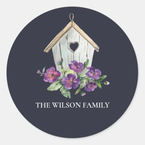 NAVY RUSTIC COUNTRY VIOLET  FLORAL BIRD HOUSE CLASSIC ROUND STICKER
