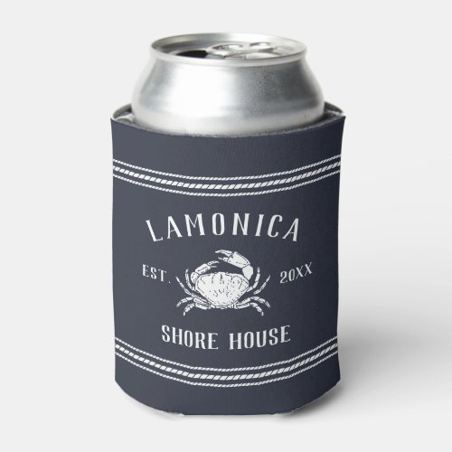 Navy Rustic Crab Personalized Shore House Can Cooler