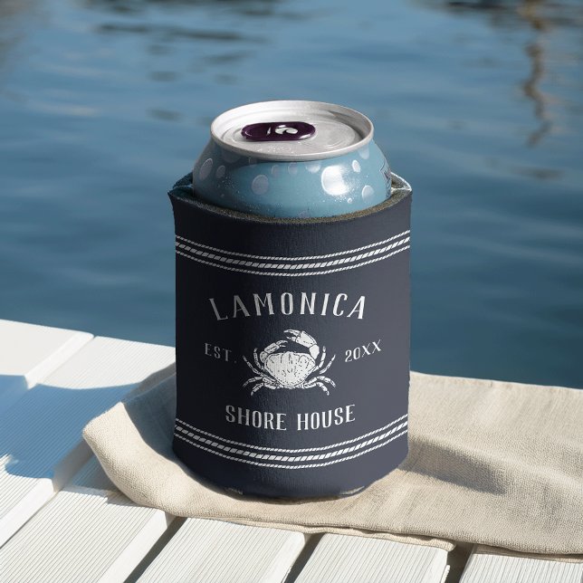 Navy Rustic Crab Personalized Shore House Can Cooler (Creator Uploaded)