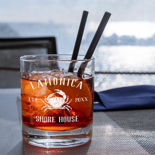 Navy Rustic Crab Personalized Shore House Whiskey Glass