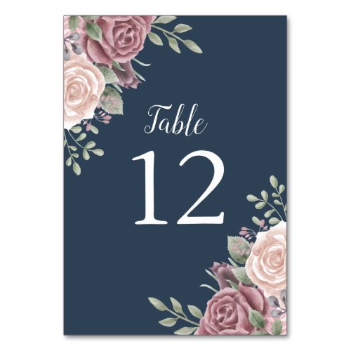 Navy Rustic Dusty Rose Watercolor Floral Table Number