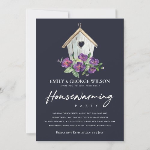 NAVY RUSTIC FLORAL BIRD HOUSE HOUSEWARMING PARTY INVITATION