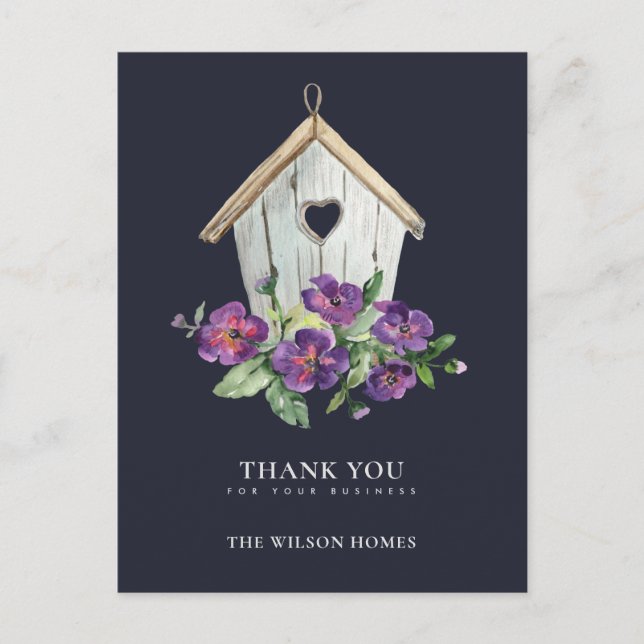 NAVY RUSTIC FLORAL BIRDHOUSE REALTOR THANK YOU ANNOUNCEMENT POSTCARD (Front)