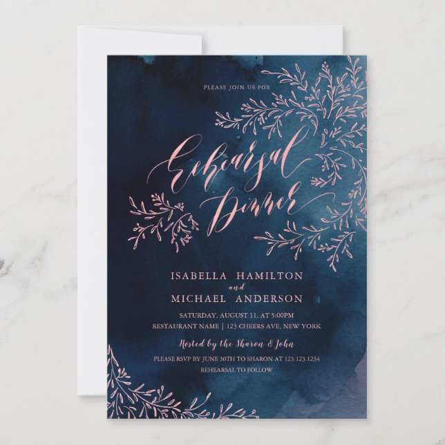 Navy rustic floral calligraphy rehearsal dinner invitation (Front)