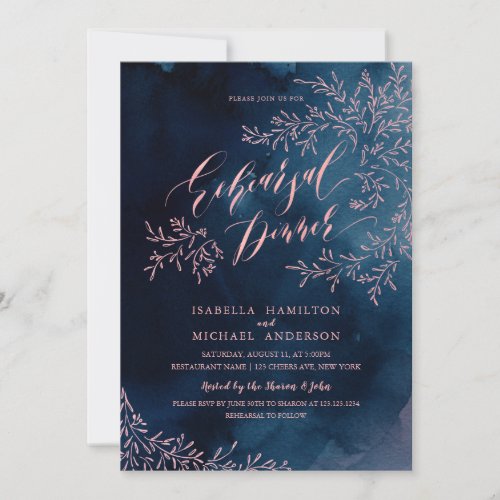 Navy rustic floral calligraphy rehearsal dinner invitation