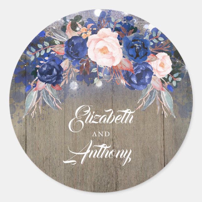 Navy Rustic Floral Classic Round Sticker (Front)
