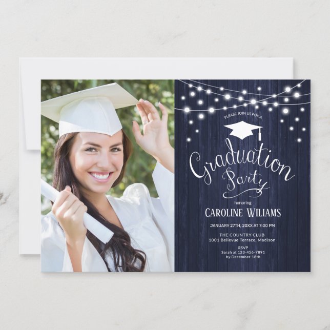 Navy Rustic Graduation Party With Photo Invitation (Front)