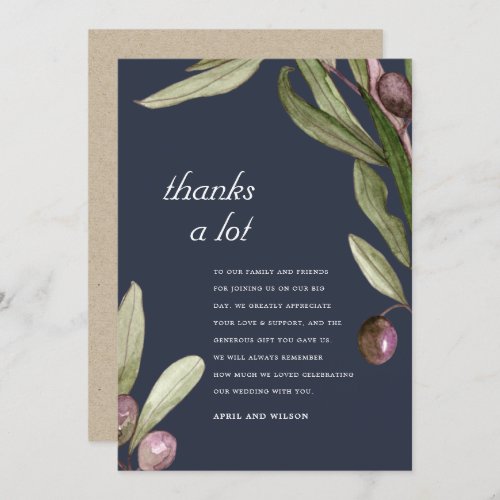 NAVY RUSTIC OLIVE WATERCOLOR FOLIAGE WEDDING THANK YOU CARD
