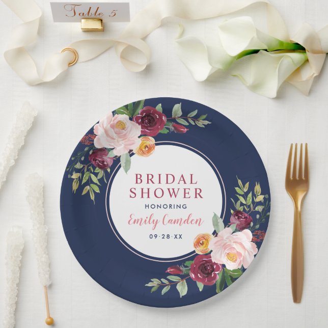 Navy Rustic Pink Burgundy Floral Bridal Shower Paper Plates (Wedding)
