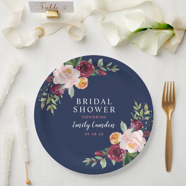 Navy Rustic Pink Burgundy Floral Bridal Shower Paper Plates (Wedding)