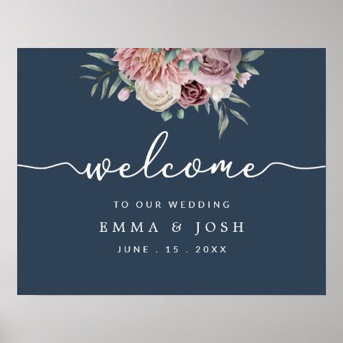 Navy Rustic Pink Floral Wedding Welcome Sign