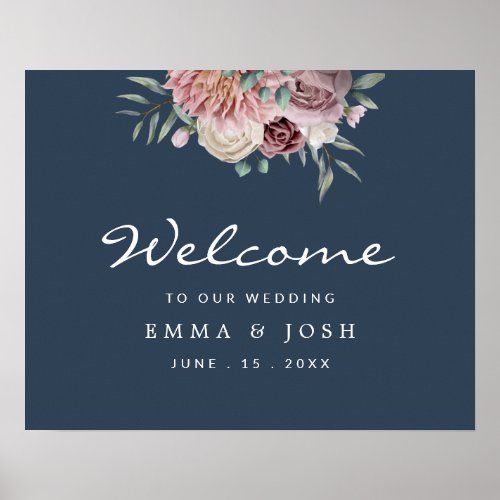 Navy Rustic Pink Floral Wedding Welcome Sign