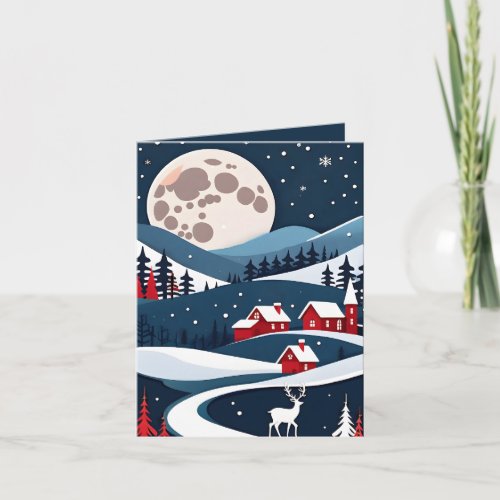 Navy Rustic Snowy Night Landscape Christmas Card