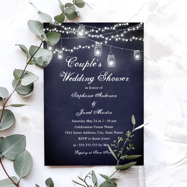Navy Rustic String Lights Couples Wedding Shower Invitation (Creator Uploaded)