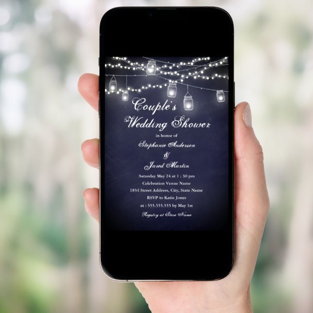 Navy Rustic String Lights Couples Wedding Shower Invitation (Front Digital)