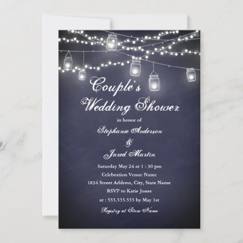 Navy Rustic String Lights Couples Wedding Shower Invitation