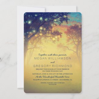 Navy Rustic String Lights Tree Wedding Invitations