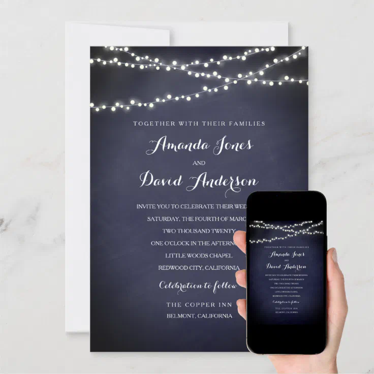 Navy Rustic String Lights Wedding Invitation Zazzle