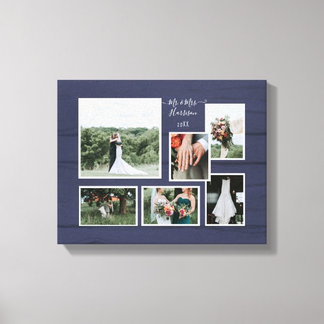 Navy Rustic Wedding Collage 6 Photograph Script Ca Canvas Print (Front)