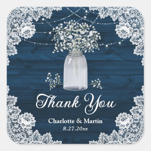 Navy Rustic Wood Mason Jar Babys Breath Thank You Square Sticker