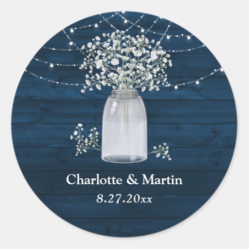 Navy Rustic Wood Mason Jar Babys Breath Wedding Classic Round Sticker