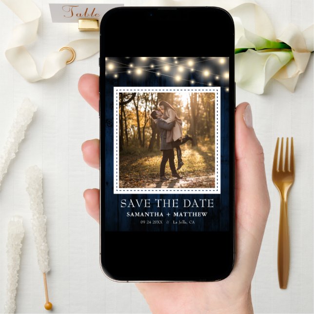 Navy Rustic Wood String Lights Photo Wedding Save The Date (Front Digital)