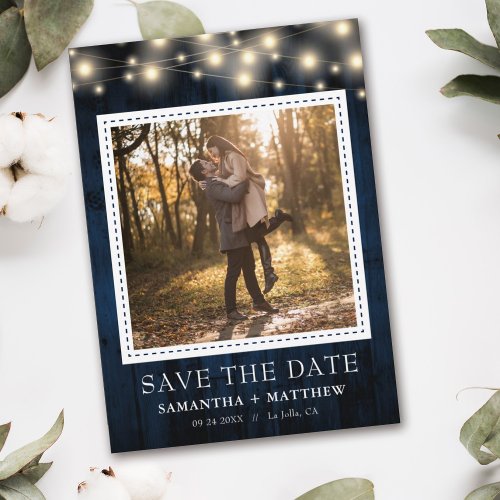 Navy Rustic Wood String Lights Photo Wedding Save The Date