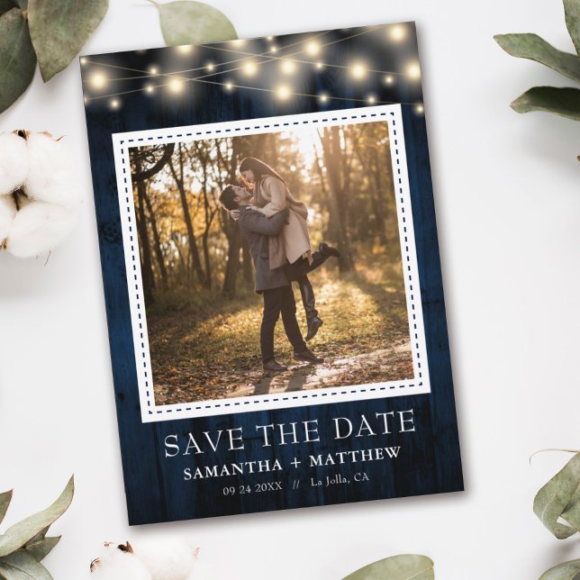 Navy Rustic Wood String Lights Photo Wedding Save The Date (Creator Uploaded)