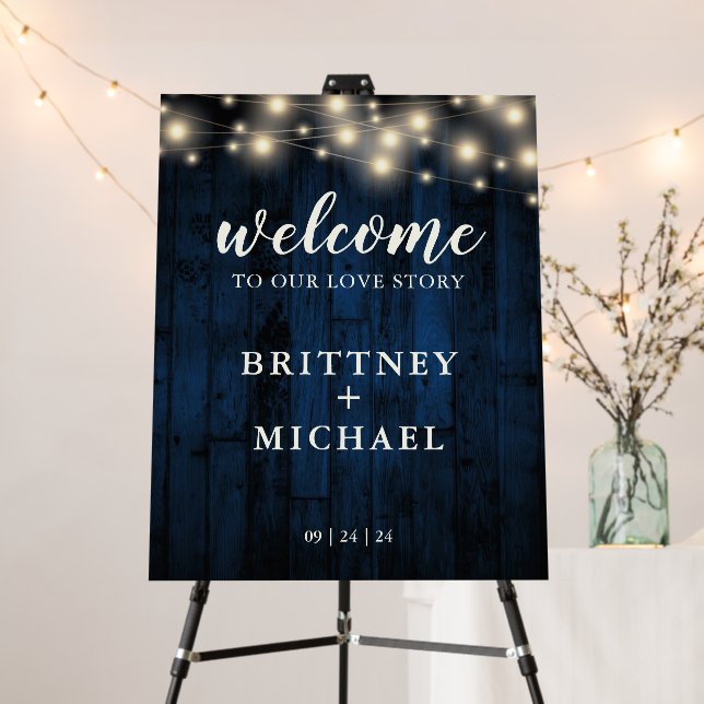 Navy Rustic Wood String Lights Welcome Wedding Foam Board (In Situ (Stand))