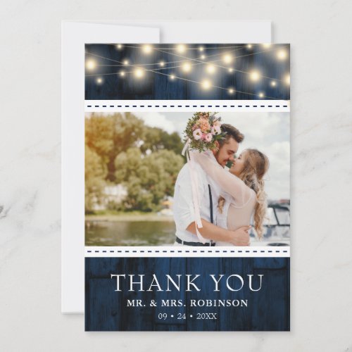 Navy Rustic Wood Wedding Photo Thank You Card