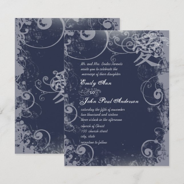 Navy Sacre Bleu Metallic Silver Kanji Love Swirl Invitation (Front/Back)