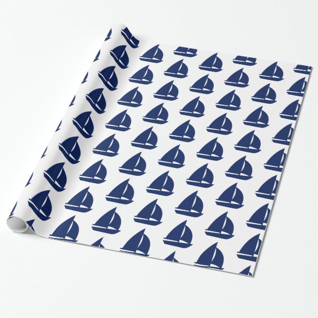 Navy Sailboat Print Wrapping Paper (Unrolled)