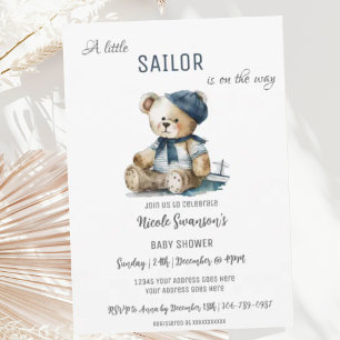 Navy Sailor Nautical Bear Baby Shower Invitation