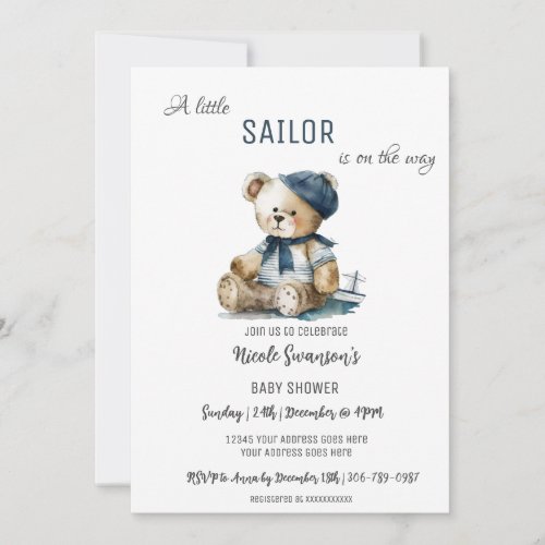 Navy Sailor Nautical Bear Baby Shower Invitation