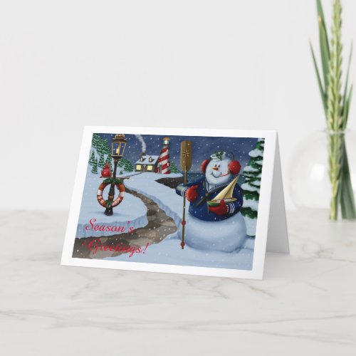 Navy Sailor Snowman At Lighthouse Holiday Card
