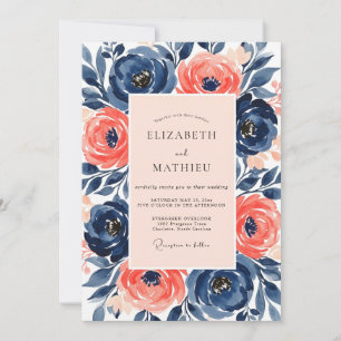 Navy Salmon Painterly Spring Wedding Invitation
