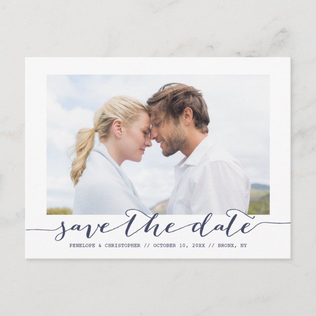 Navy Save the Date Script Frame Photo Announcement Postcard (Front)