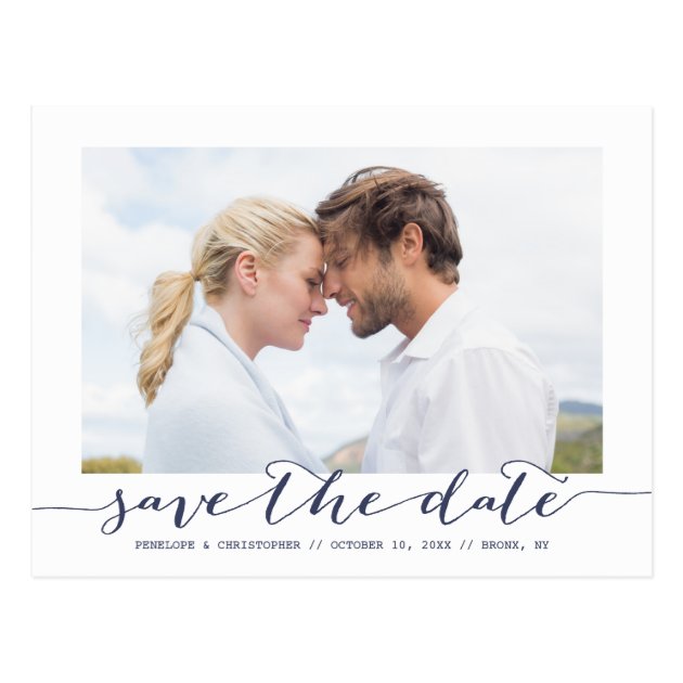Navy Save The Date Script Frame Photo Announcement Postcard