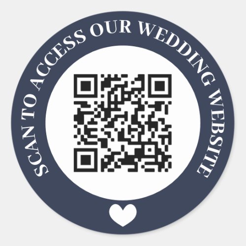 Navy Scan To Access Wedding Website Heart QR Code Classic Round Sticker
