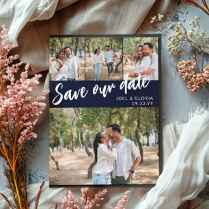 Navy Script 4 Photos Wedding Save Our Date Announcement Postcard