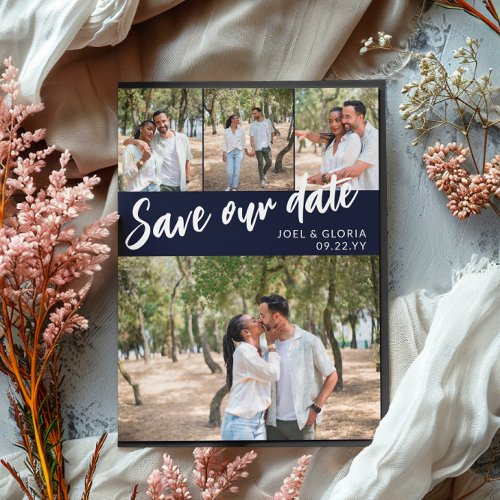 Navy Script 4 Photos Wedding Save Our Date Announcement Postcard