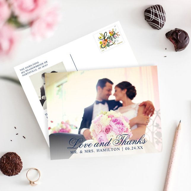 Navy Script Love and Thanks Wedding Photo Postcard (Creator Uploaded)