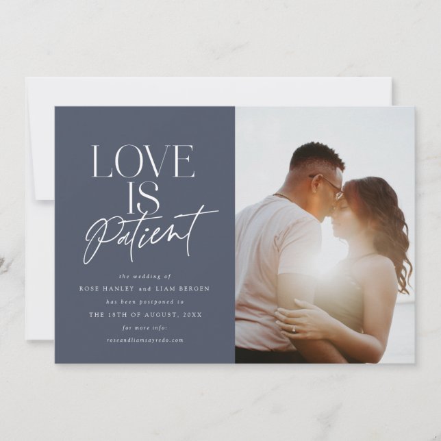 Navy Script Love Wedding Photo Change the Date Announcement (Front)