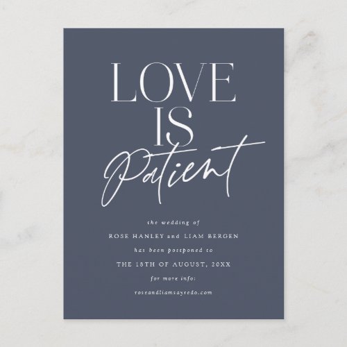 Navy Script Love Wedding Postponed Change the Date Postcard